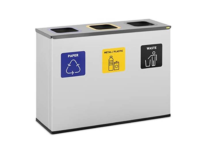 Ulsonix Abfalleimer, Mülltrennung, 3 Fächer, 3 x 60 l Mülltrennsystem, Abfalleimer, lackierter Stahl, silbern, Kapazität 180 l, Maße 92,5 x 32 x 69,5 cm