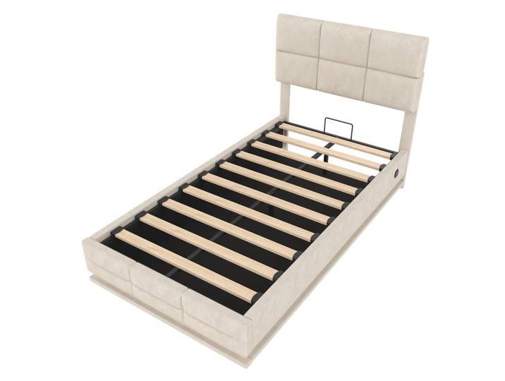 ComfortXL Stauraumbett 90/200 cm De-03575, mit höhenverstellbarem Kopfteil, LED und hydraulischem Liftsystem, in Beige, Metall, 90x200 cm, Babymöbel & Kindermöbel, Kinderzimmer & Jugendzimmer, Kinderbetten