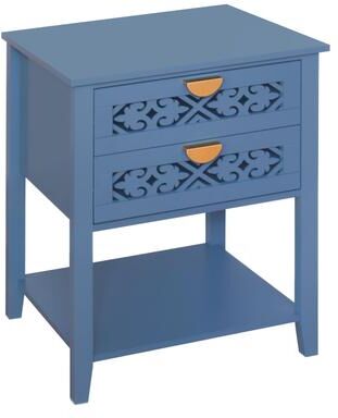 Kodotan sofa Dusty Blue 2-Drawer Nightstand with Carved Lattice Fronts, Mid-Century End Table with Gold Half-Moon Pulls & Open Shelf, Boho