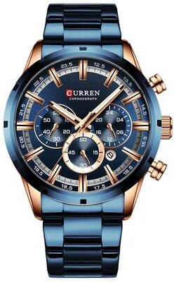 Youfap Market Luxury Men's Waterproof Chronograph Watch, Full Steel Quartz Sports Wristwatch rose Gold Blue