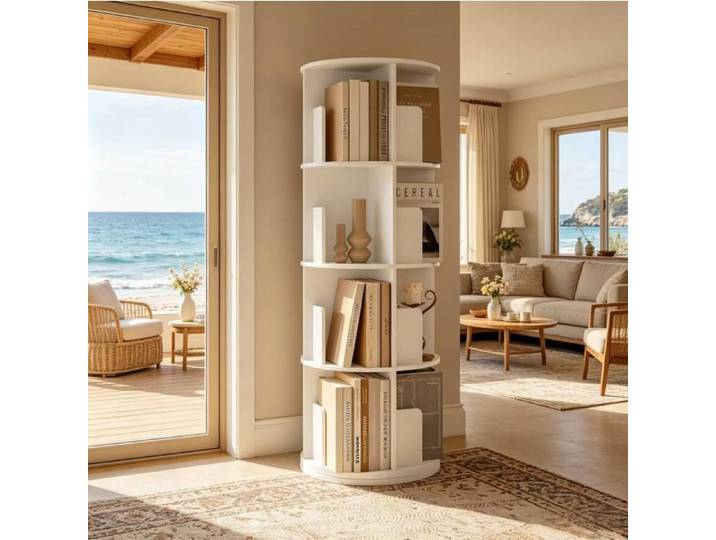 Bibliothèque rotative ronde 4 niveaux 16 compartiments 360° - YEAVIO - Blanc bois d'ingénierie 44×44×126 cm