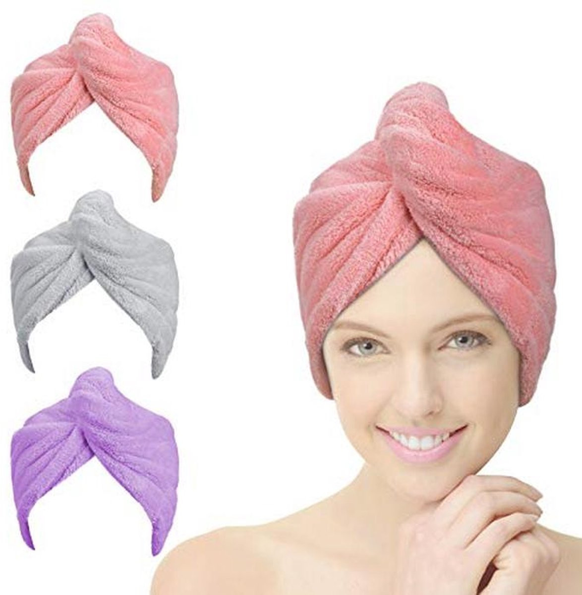 Set van 3 zachte microfiber haar tulband handdoeken voor volwassenen