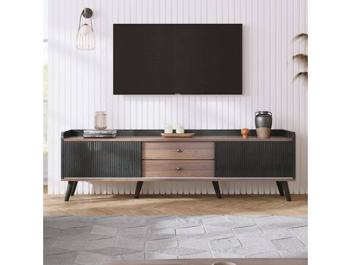 Meuble TV - Noir - 2 Portes Coulissantes - 2 Tiroirs - Design Moderne - 160x40x58 cm