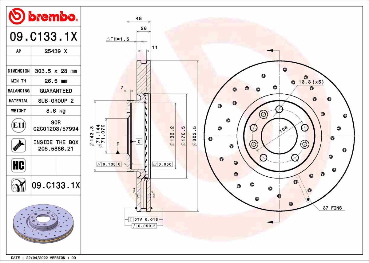 Bremsscheibe BREMBO 09.C133.1X, 1 Stück