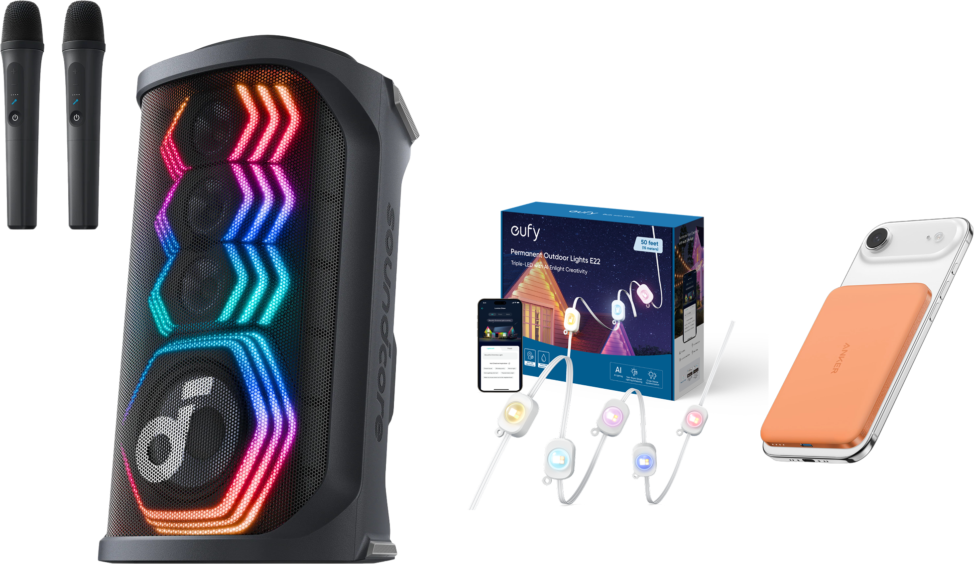 Rave 3S   KI Karaoke Party-Lautsprecher mit 200W Sound+Anker Nano Powerbank (5K, Magnetisch, Slim)+Anker eufy Festinstallierte Outdoor-Lichterkette E22, 15m, 60 Triple-LEDs
