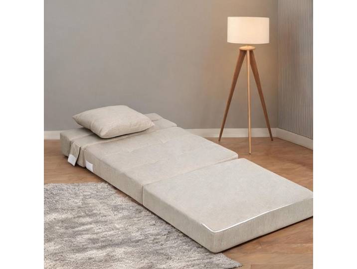 Chauffeuse convertible 2-en-1 en tissu polyester lin beige matelas intégré 1 place