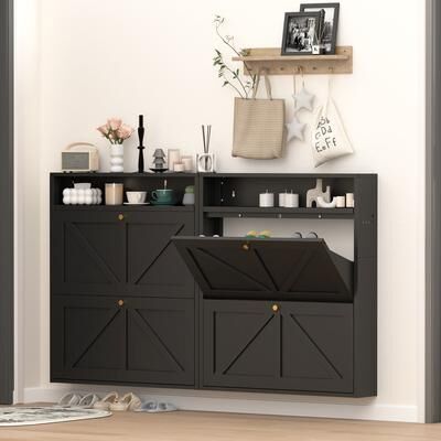 Metal Shoe Cabinet With 2 Flip Drawers, Wall Mounted Shoe Organizer, Narrow Slim Hidden Shoe Rack