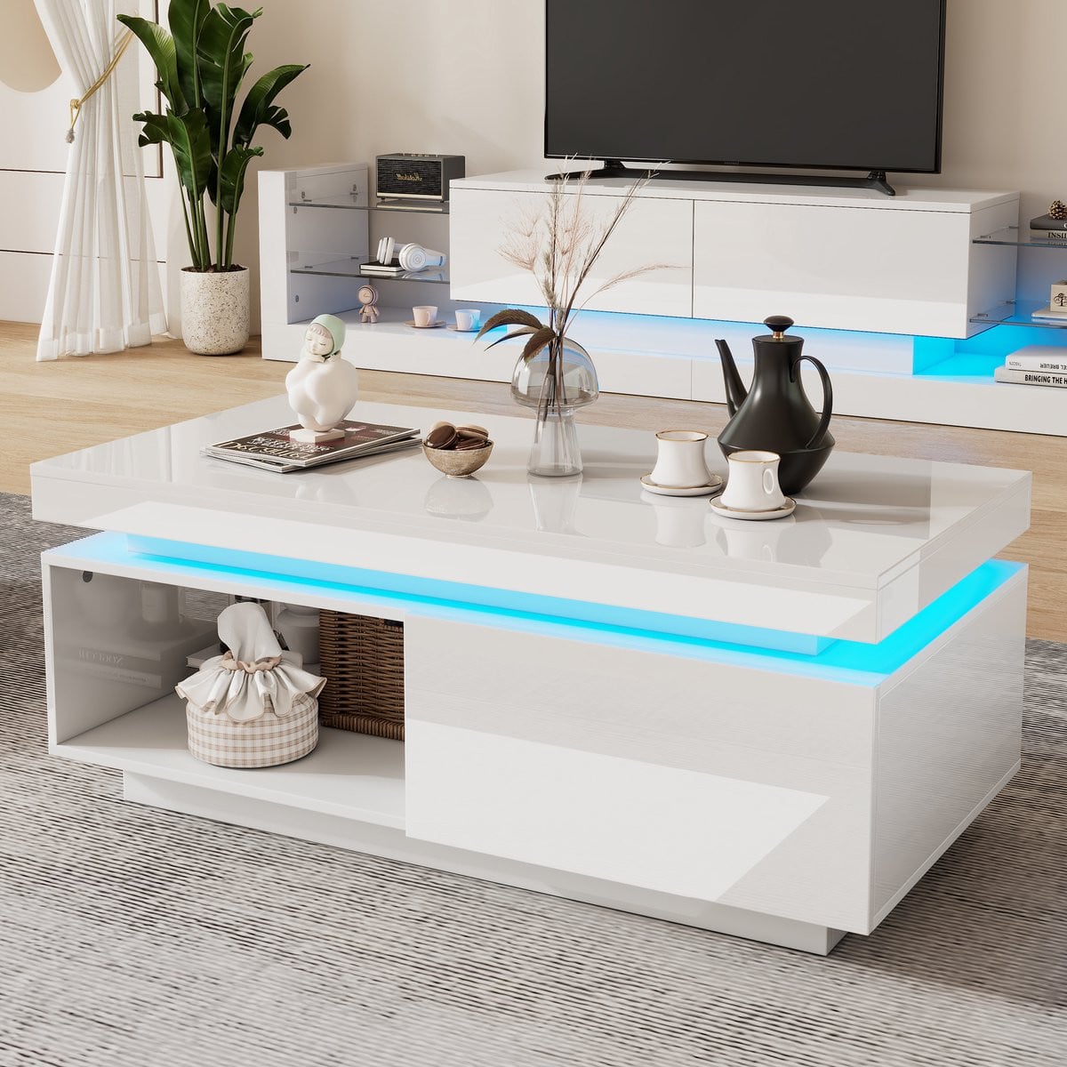 MODENUIT Woonkamerset met TV-meubel en salontafel met LED-verlichting - Wit