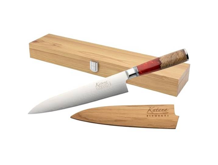 Katana Saya Elements 20 cm Gyutomesser, Vulkanisches Rot – VG-10-Damaststahl mit hohem Kohlenstoffgehalt für extreme Robustheit und Schärfe – Griff aus natürlichem Olivenholz und Harz