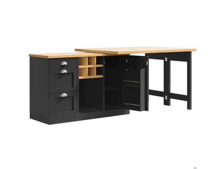 Îlot central de cuisine extensible - Noir - Table bar 360° pivotante - Rangement intégré - MDF