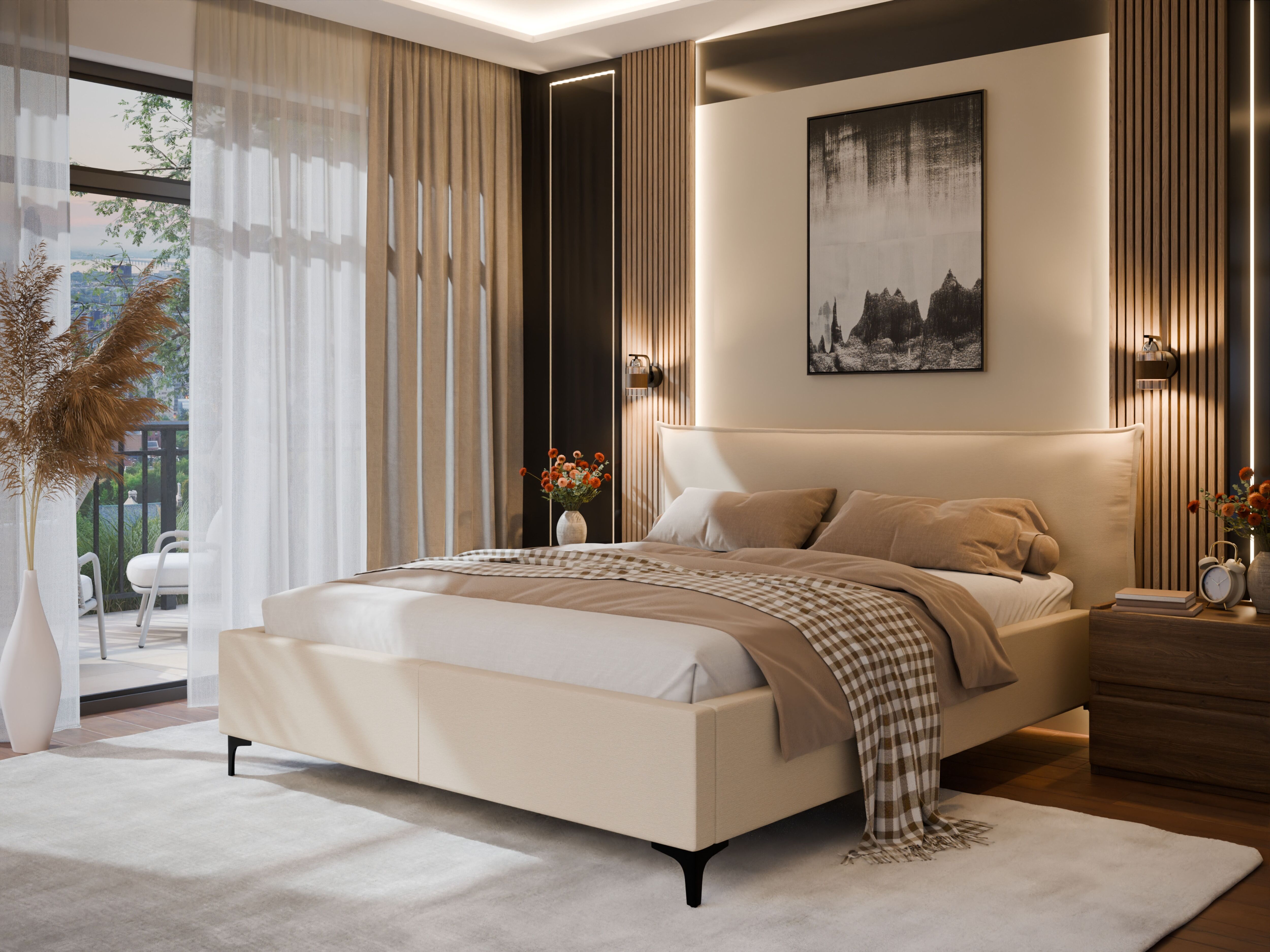 Polsterbett FORTE "Helsingborg", beige, B:197cm L:222cm, Der Bezugsstoff VIBE ist die perfekte Wahl für Liebhaber von Schlichtheit, modernem Design und Funktionalität. Seine gleichmässige, matte Chenille-Struktur kommt auf grossen Möbelflächen wie Sofas, 