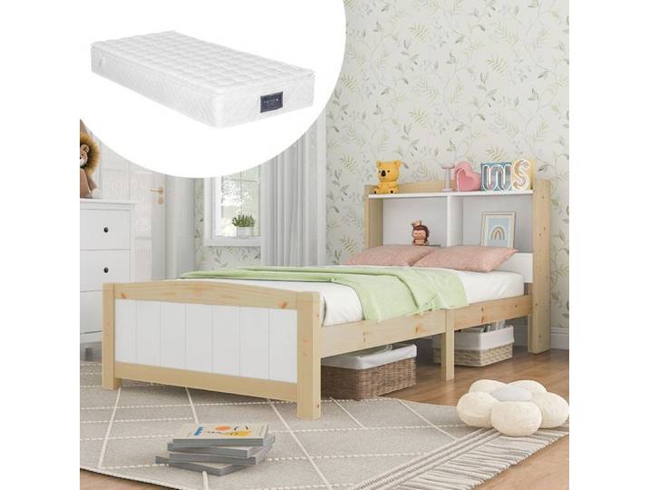 Lit simple - SOGEU - Lit Rangement 90x200 - Bois massif - Tête de lit rangement - Sommier inclus