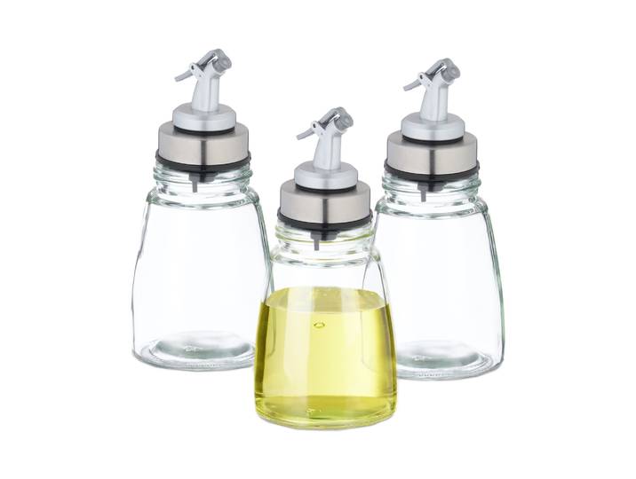 Ölflasche Glas 3er-Set nachfüllbar Schwarz-Silber-Transparent