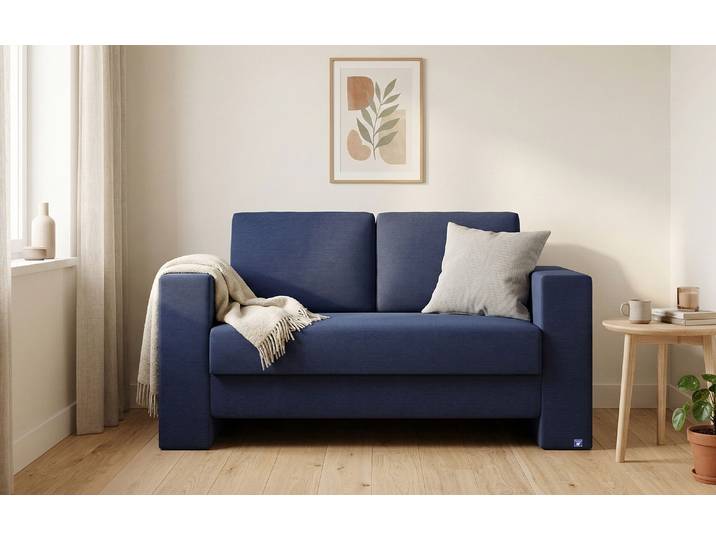 BRUNO Schlafsofa 120cm in Blau Kubus stabiles Massivholz & Boxspringkomfort