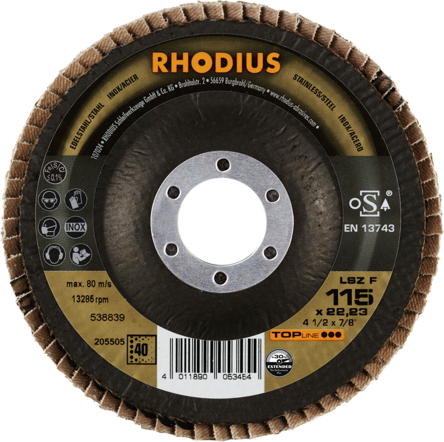 RHODIUS TOPline LSZ F EXTENDED Fächerschleifscheibe 115 x 22,23 mm K40 (205505)