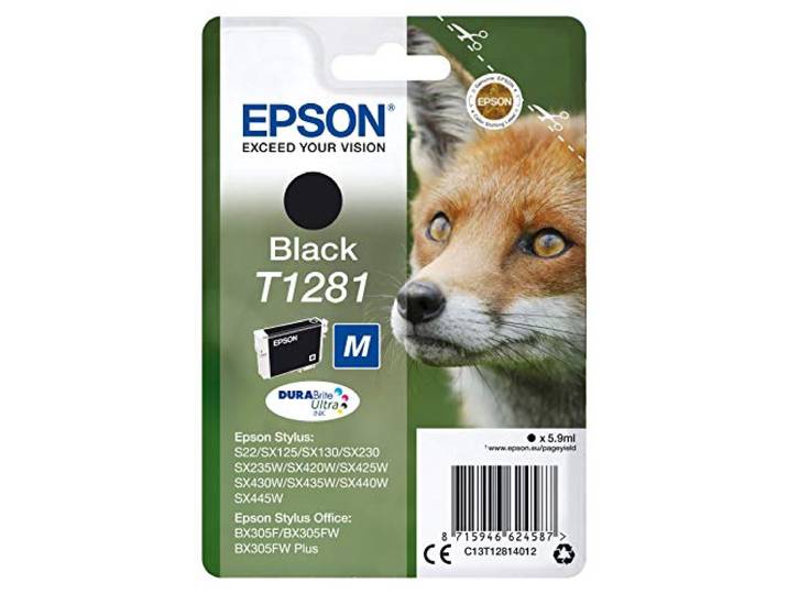 Epson T1281 Renard Noir\, Cartouche d'encre d'origine\,S22 SX125 SX130 SX230 SX235W SX420W SX425W SX430W SX435W SX440W SX445W BX305F BX305FW BX305FW Plus BX310FN