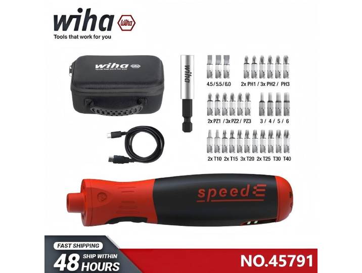 Wiha 45791 SpeedE PocketDrive - Jeu de tournevis électriques 31 pièces, modes de couple 1,0/5.0 Nm, chargement pratique de type C