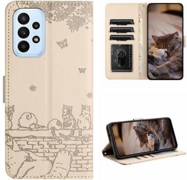 Inspired Deals Cute Cat Embossed Wallet Phone Case For Samsung Galaxy With Card Holder And Lanyard For Samsung Galaxy A23 beige