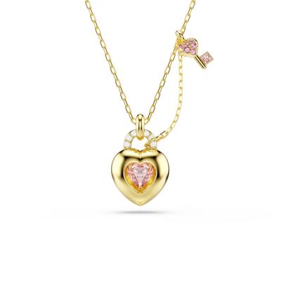 Kette mit Anhänger SWAROVSKI "Schmuck Geschenk Idyllia Halskette Herz mit Schlüssel", gelbgoldfarben, kristallweiß, rosa, Halsketten, Damen, Metall, mit Swarovski Kristall