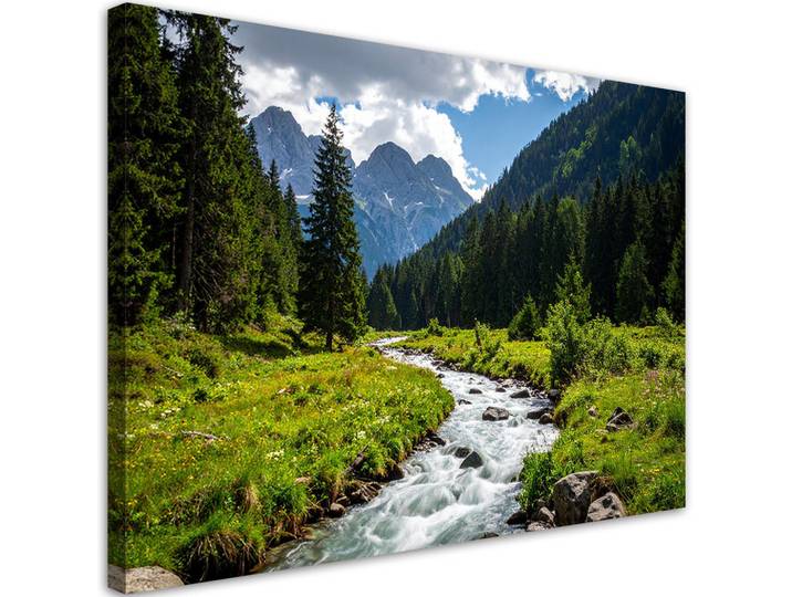 Feeby Leinwandbild Berglandschaft Bach Natur 90x60cm, Grün, Landschaft/Berg, Rechteckig, 90x60 cm, Bilder & Rahmen, Bilder, Leinwandbilder