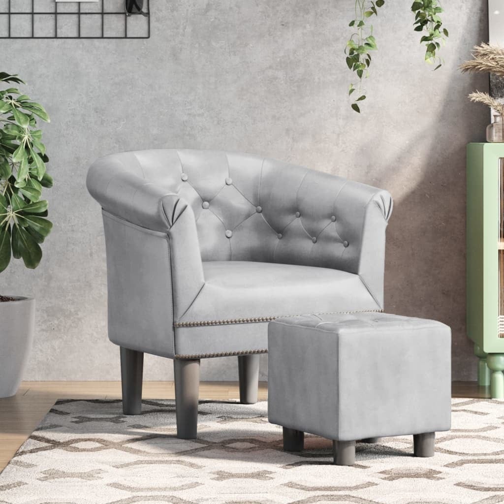De Living Store fauteuil met voetenbankje, modern lounge model, zilverkleurig kunstleer