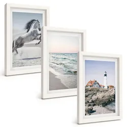 BILDER SET 3er Set - 20x30 cm Weißer Rahmen - Pferde, Strand, Leuchtturm, Wellen