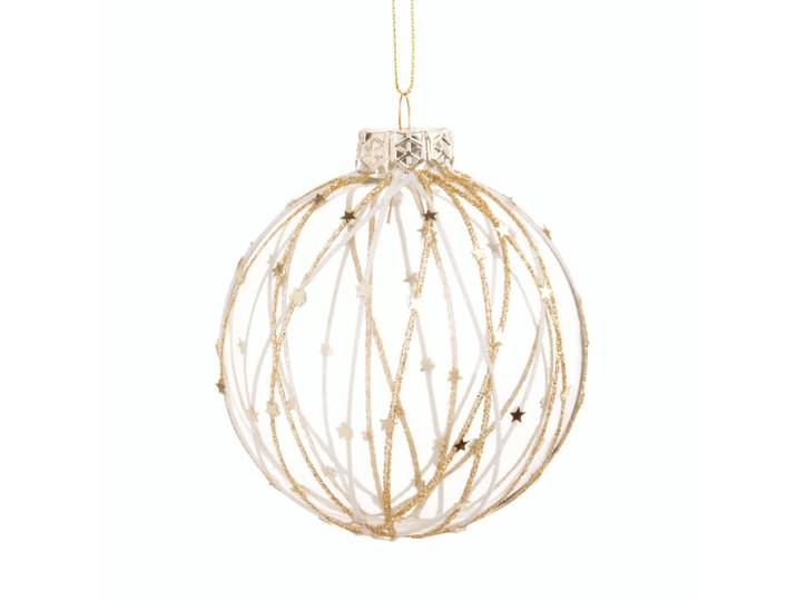 Weihnachtskugel aus Glas mit weißen und goldfarbenen Linien