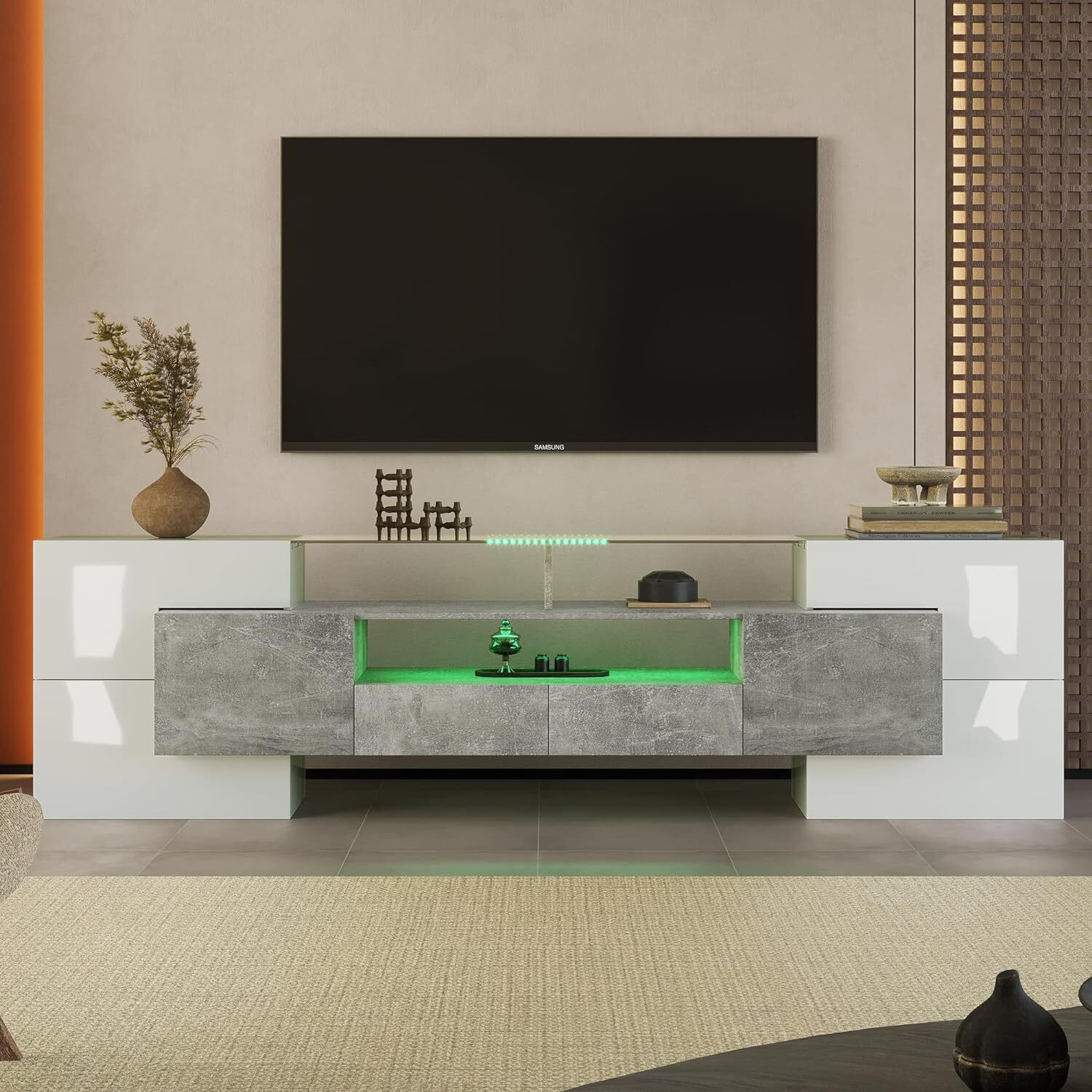 Fortuna Lai Moderne Glanzende TV-kast met LED-verlichting en Glazen Bovenkant, Grijs, Breedte: 200 cm