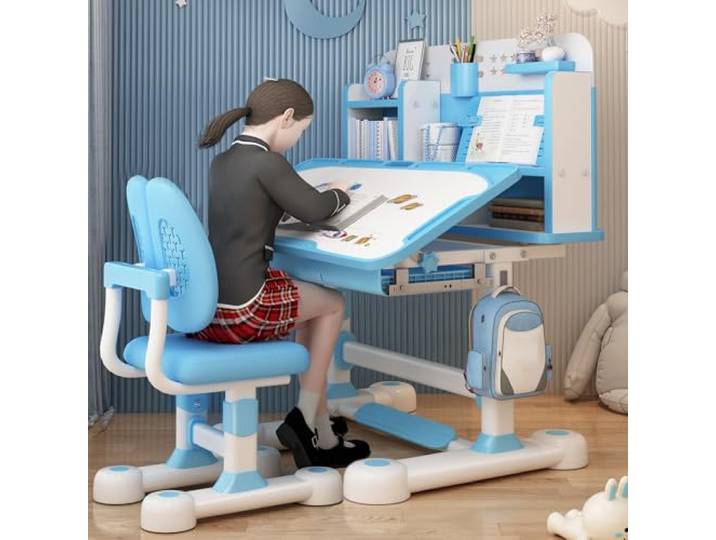 Smbcgdm Kinderschreibtisch-Stuhl-Set, Kunsttisch mit Schublade, Schreibtisch für Mädchen, höhenverstellbar, Schreibtisch-Stuhl-Set für Kinderschule mit Sitzkorrektur, Bücherständer, Fußpedal (Blau)