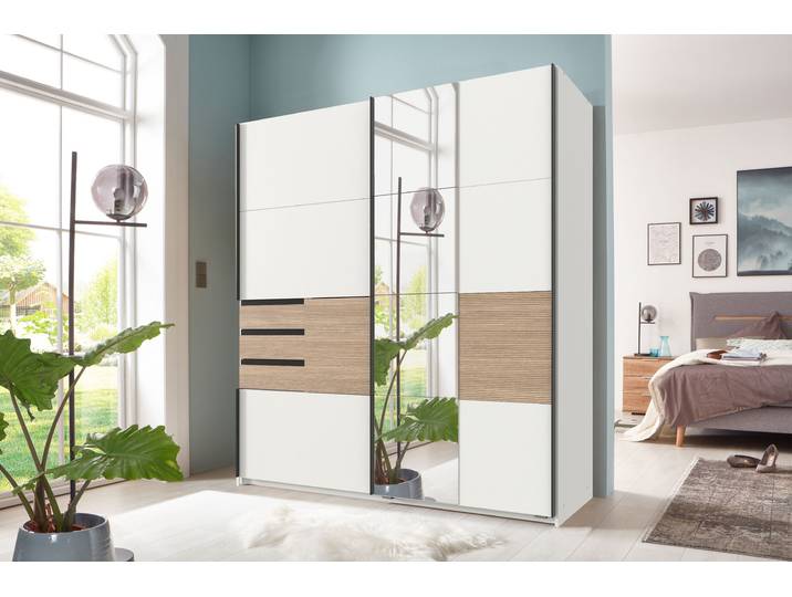 Schwebetürenschrank Bremen 180 x 198 x 65cm Weiß/Weiß mit Spiegeltür/-en