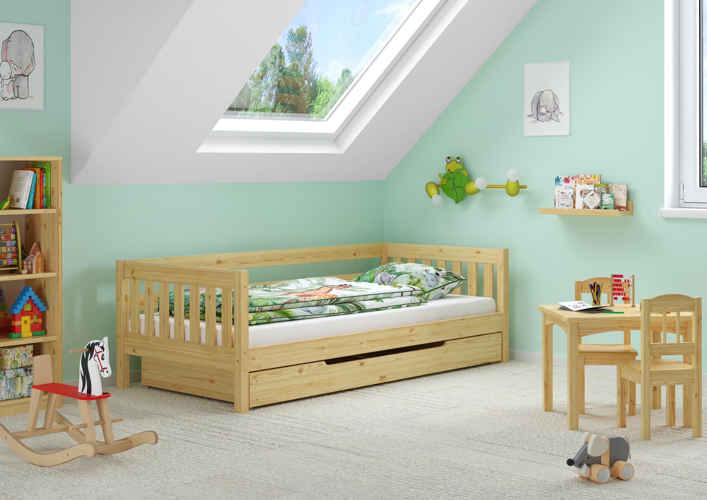 Gemütliches Kinderbett mit dreiseitiger Sicherung 90x200 cm Kiefer V-60.29-09Rollrost und Bettkasten inkl.