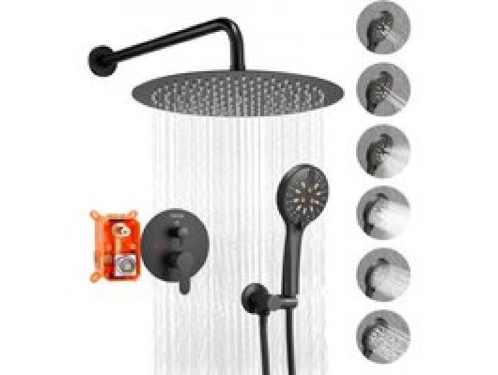 VEVOR Duscharmatur Regenduschsystem fürs Badezimmer Duschsystem mit 305 mm runden Regenduschkopf & Handbrause, wandmontierte Badezimmerarmaturen mit Messingventil & Zierset, Mattschwarz
