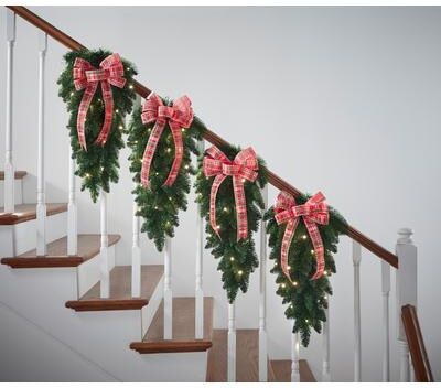 Pre-Lit Swags with Plaid Bows, set of 4 by BrylaneHome in Plaid Christmas Decoration