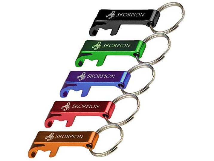 100 Stück rote Flaschenöffner HELMI Schlüsselanhänger Aluminium inklusive Lasergravur Gravur