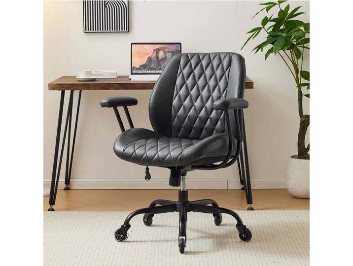 ROVRYN Chaise de bureau ergonomique à roulettes réglable en hauteur cuir noir avec accoudoirs