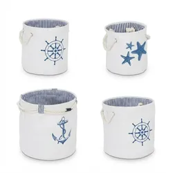 Relaxdays Aufbewahrungskorb 4er Set, maritime Stoffkörbe mit Griffen, Aufbewahrung Bad, Spielzeug, 4 Größen, weiß/blau