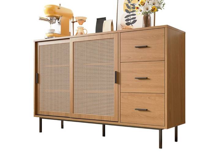 Buffet haut style campagne - 2 portes coulissantes en cannage 3 tiroirs - Naturel 140 cm