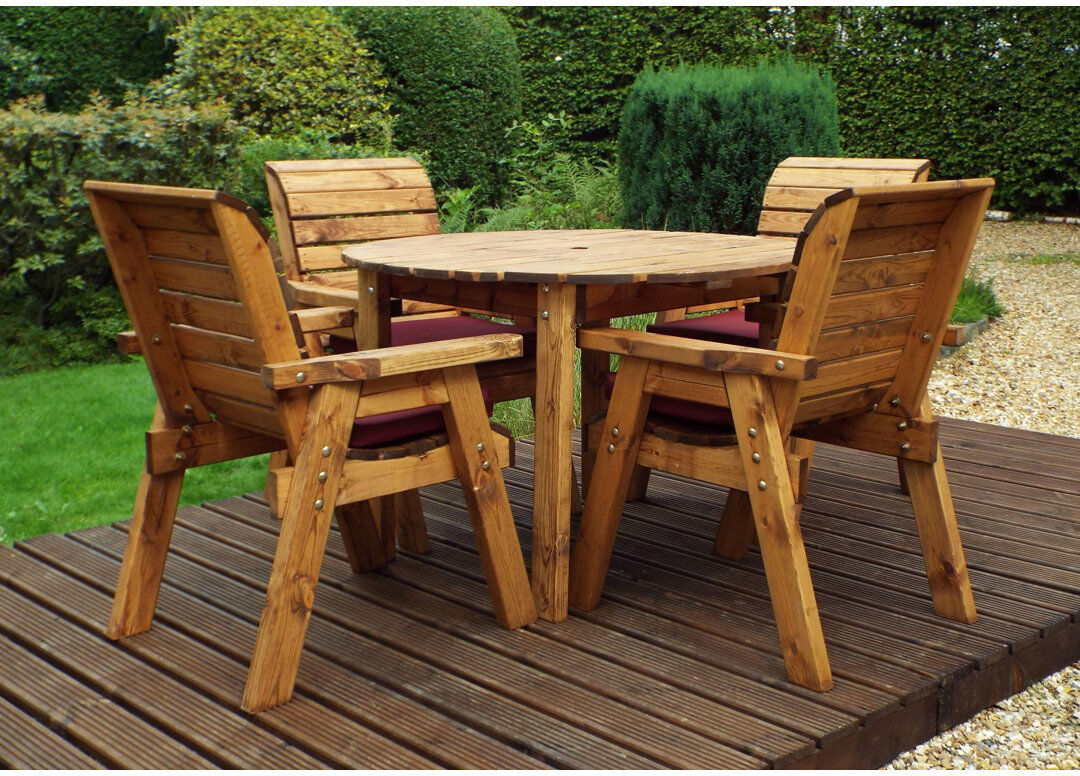 Union Rustic Feliciano 4 - Person Wood Patio Dining Set with Round Table , Cushions Included Grey 4