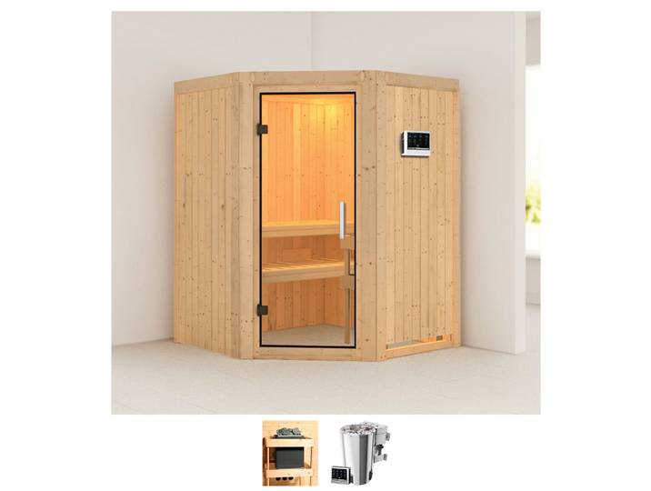 Sauna KARIBU Nanna , beige (naturbelassen), Bio-Kombiofen, externe Steuerung, 3,6 kW, Saunen, Sauna, 3,6-kW-Bio-Plug & Play Ofen mit externer Steuerung