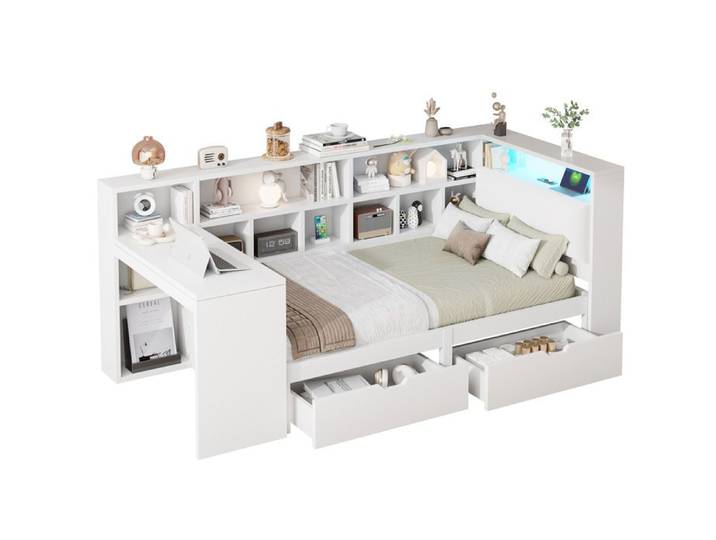 Ensemble lit 90x200 en bois en L avec bureau bibliothèque tiroirs sous le lit tête rembourrée LED blanc