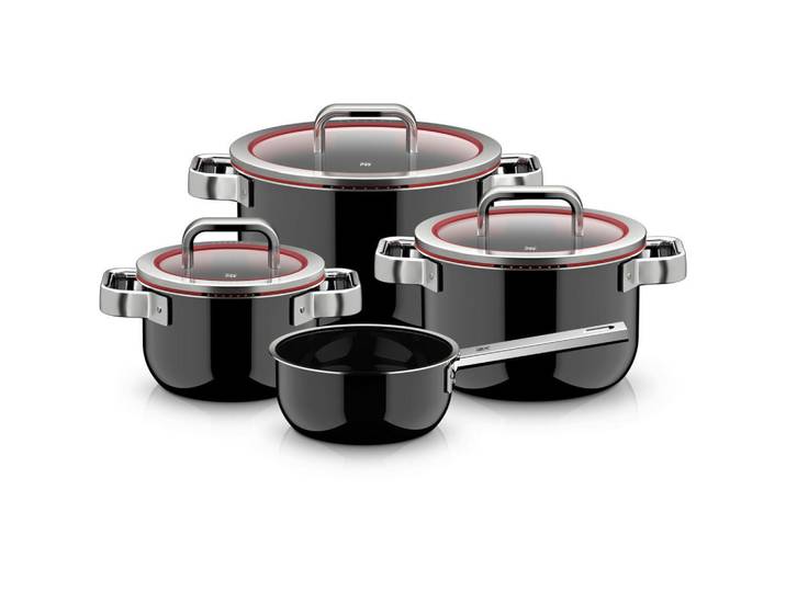 WMF Kochtopfset WMF Fusiontec, Schwarz, Metall, 4-teilig, 16 cm,20 cm,16 cm, rund, 30x33x60 cm, mit Silikonring, Kochen, Töpfe, Topfsets