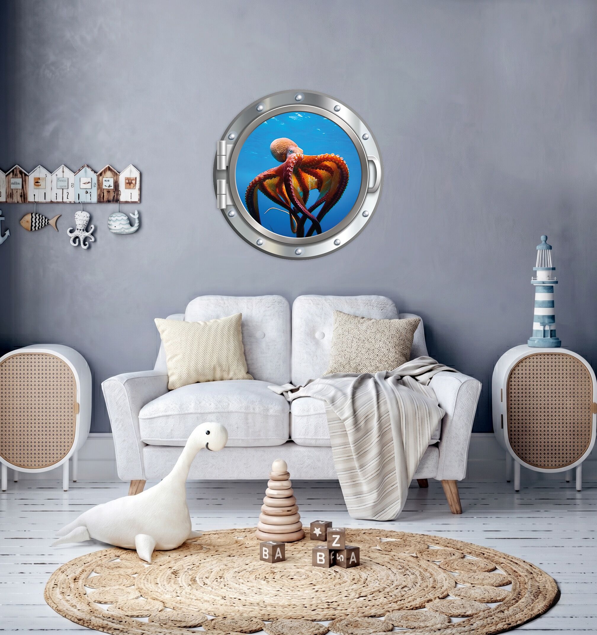 Wandsticker QUEENCE "3D Bullauge Illusion Tintenfisch Korallen 40x40 cm", silberfarben, Ø:40cm, Vinyl, Wandtattoos, Wandsticker, Selbstklebender Wanddurchbruch Unterwasser silberfarben Ø 40cm