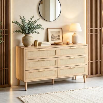 Lumibee Modern Solid Wood Chest of Drawers Dresser with 6 Storage Rattan Drawers
