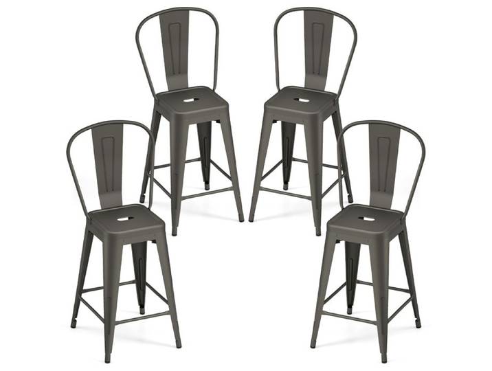 COSTWAY Lot de 4 Tabourets de Bar Métalliques Empilables Charge 160 kg Dossier Haut Ergonomique Comptoir Salle à Manger Gris