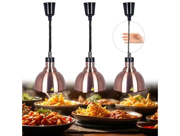 BOVDC Wärmelampe Küche Gastro, 250W Hängende(Kupfer-25cm,3 Stück) Wärmelampe für Speisen, 19/25 cm Einstellbare Höhe Lebensmittel Wärmelampe Küche für Essen Buffets Esszimmer und Hotels
