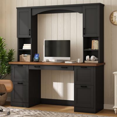 Aura Farmhouse Arched Computer Desk with Hutch, Charging Station, Keyboard Tray & File Drawer