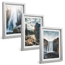 BILDER SET 3er Set - 20x30 cm Silberner Rahmen - Wasserfälle, Berge, Landschaften, Natur