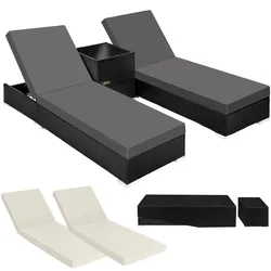 tectake 2 Sonnenliegen Nautica Aluminium Rattan 5-fach höhenverstellbar mit Tisch 184x60x21cm schwarz
