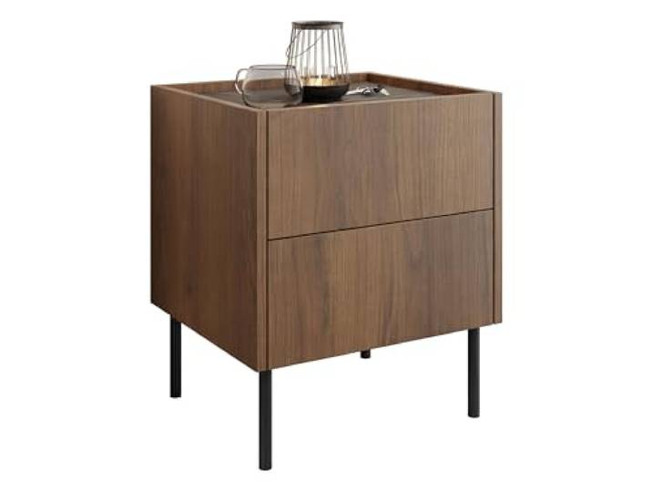 Mirjan24 Nachttisch Tewos S40 S2 mit 2 Schubladen, Metallfüße, Nachtschrank, Nachtkonsole, Nachtkommode, Beistelltisch (Nuss Warmia + Marmor Schwarz)