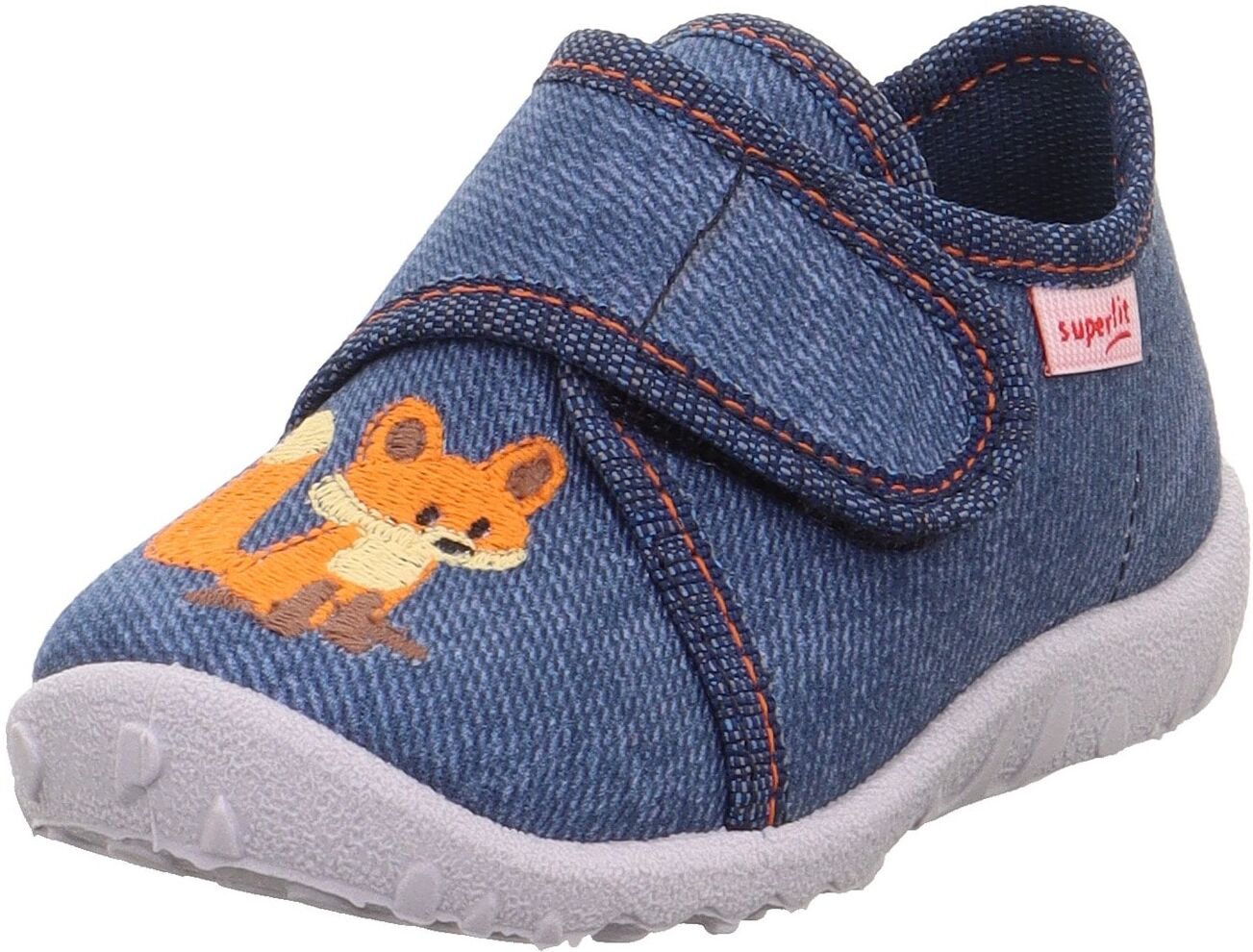 Hausschuh SUPERFIT "SPOTTY, WMS: mittel", Mädchen, Gr. 22, blau (jeansblau fuchs), Baumwolle, Schuhe Hausschuh, Kindergartenschuh mit Klettverschluss, Grössenschablone zum Download jeansblau fuchs 22